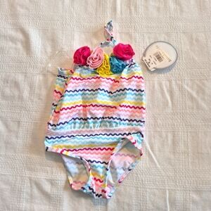 Koala Kids size 9-12 months white with ripple design & flowers UPF 50 NWT